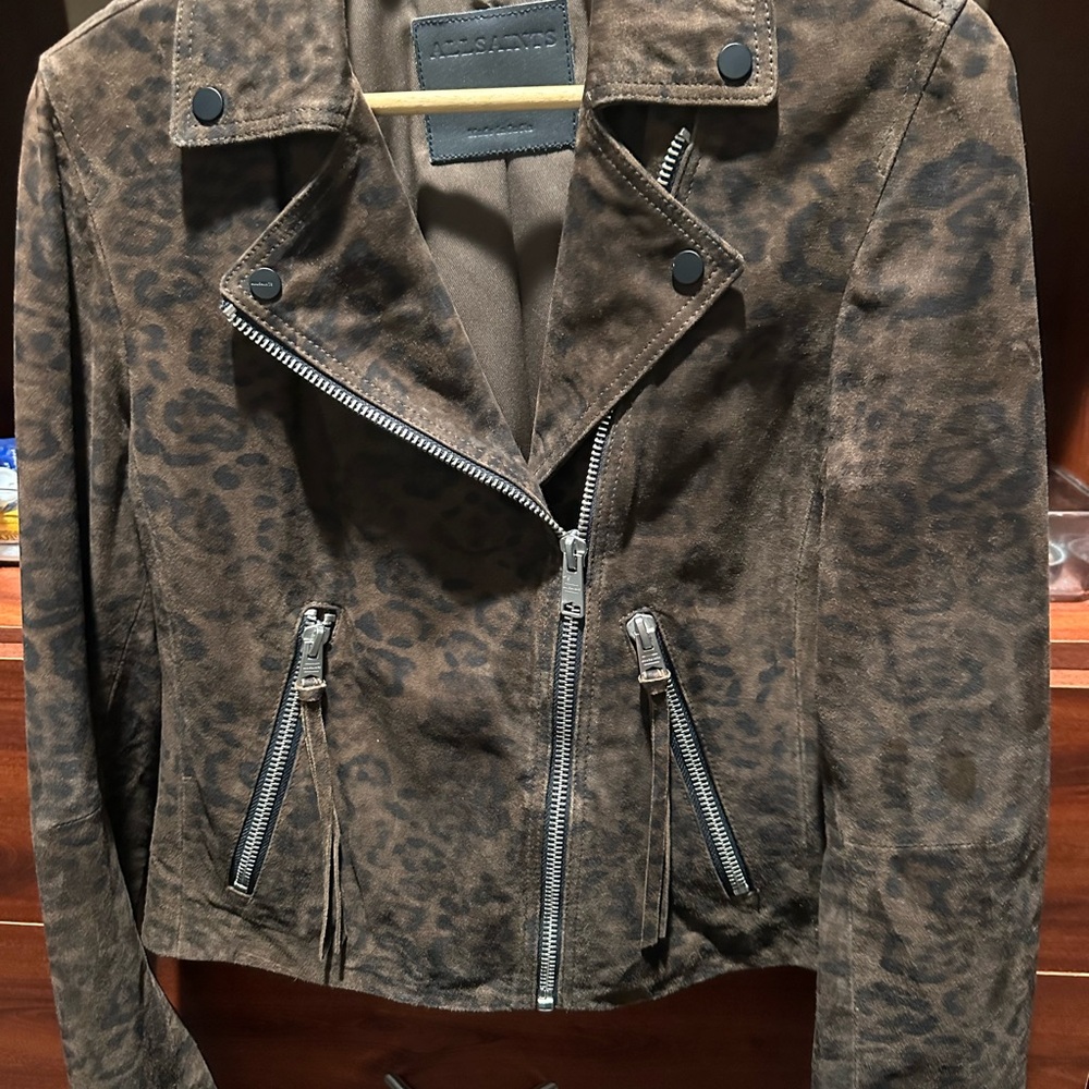 All Saints Dalby Leopard Print Leather Moto Jacket